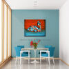 Pelican resting on water Painting in orange and teal