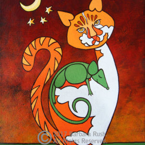 Orange and white cat with green mouse