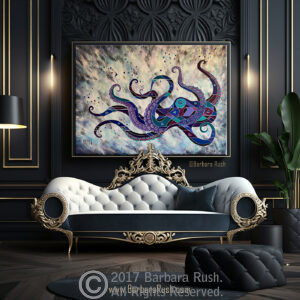 Octopus painting in dramatic movie themed room