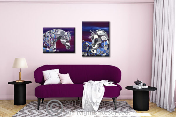 Geometric grey Arabian horses on purple background in room with purple couch