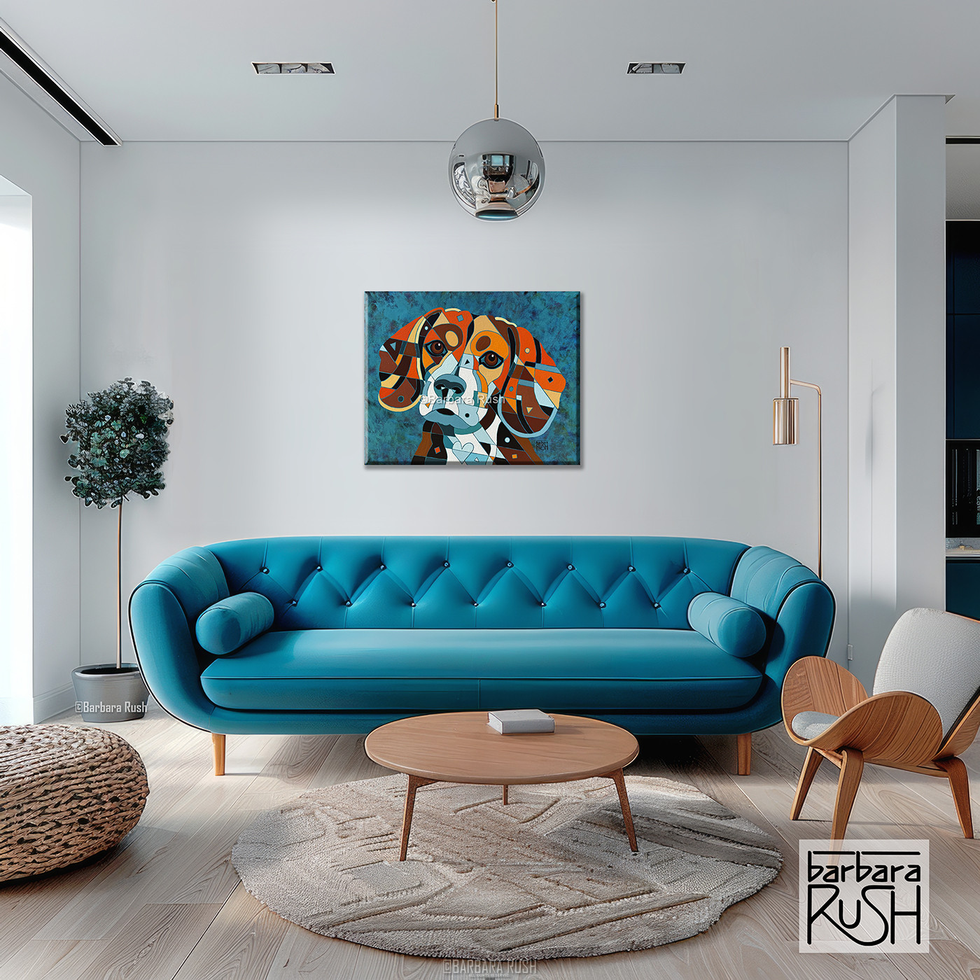 Beagle Art in Living room with teal Couch