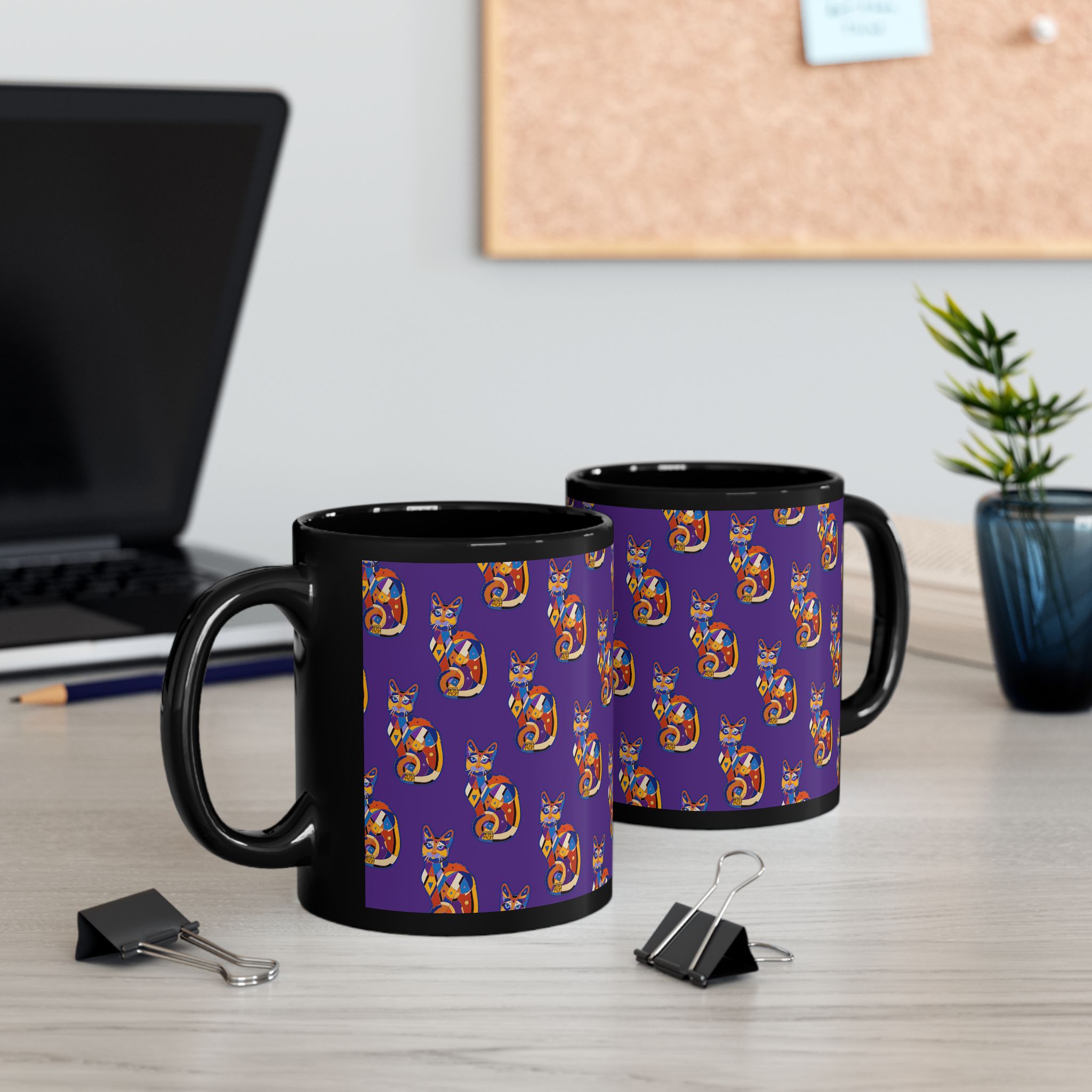 Colorful Cat Pattern Black Mug — Vibrant Purple Folk-Art Kitty Coffee Cup (11oz/15oz) - Image 5