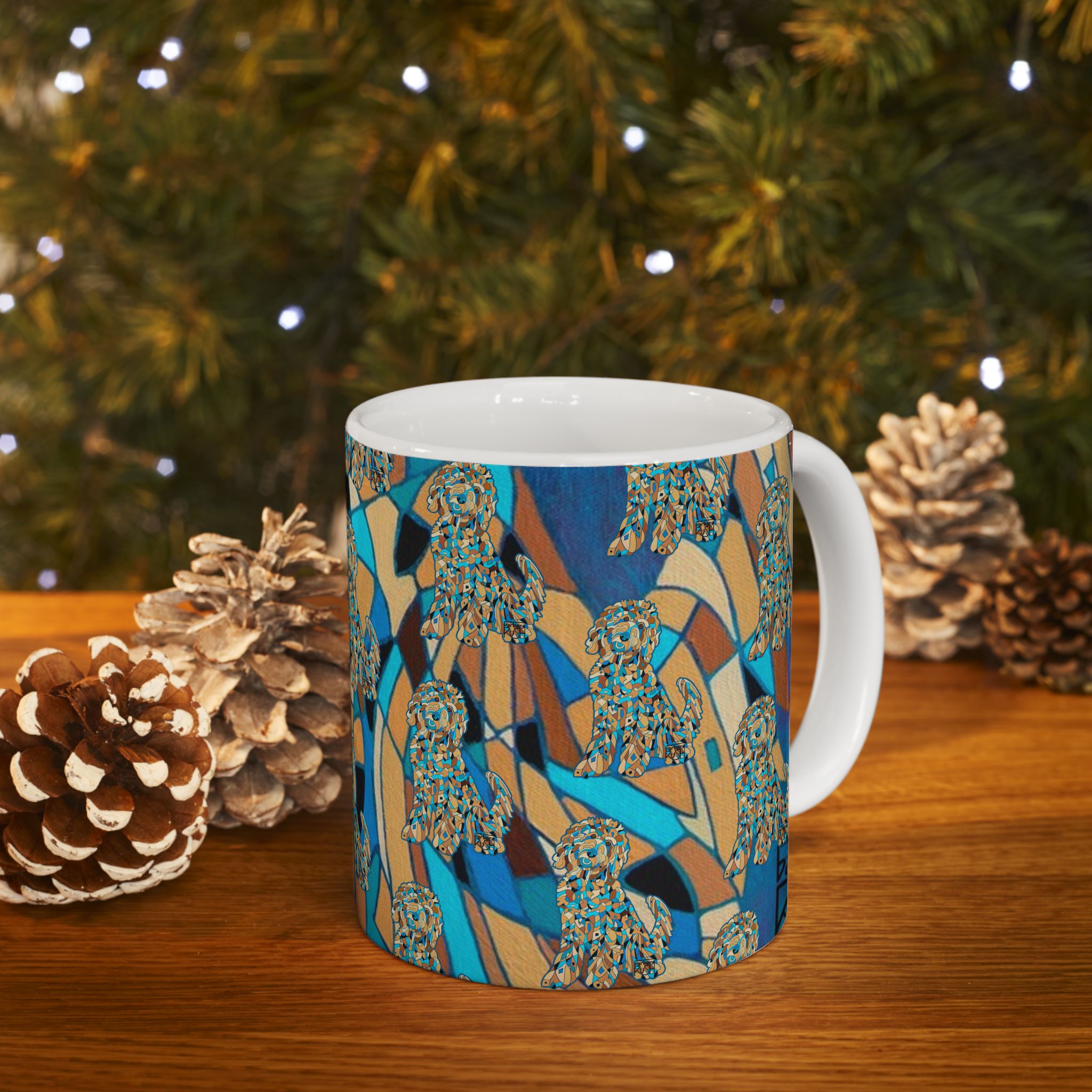 Blue Abstract Golden Doodle Dog Pattern Ceramic Mug — Colorful Dog Lovers Coffee Cup (11oz/15oz) - Image 5
