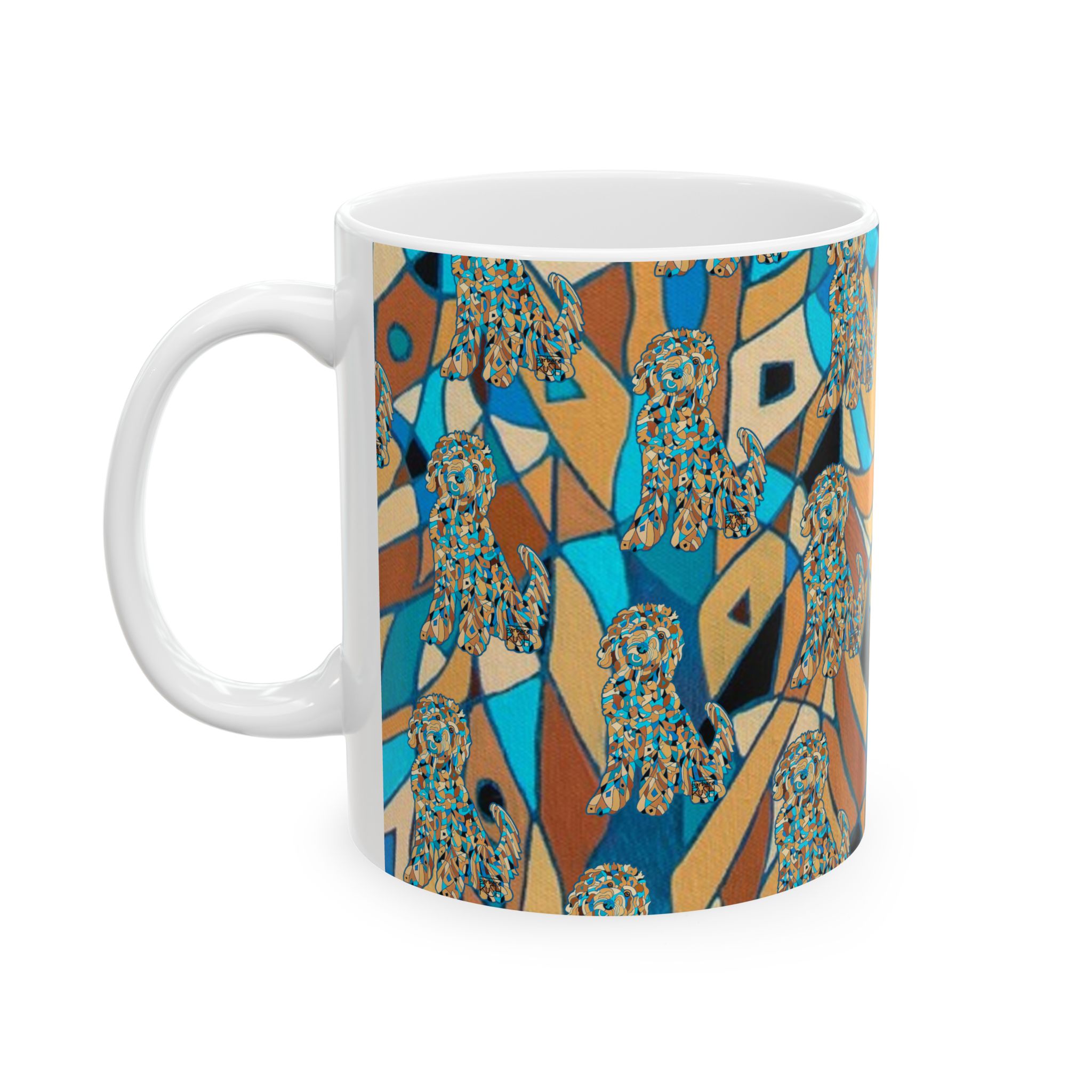 Blue Abstract Golden Doodle Dog Pattern Ceramic Mug — Colorful Dog Lovers Coffee Cup (11oz/15oz) - Image 3
