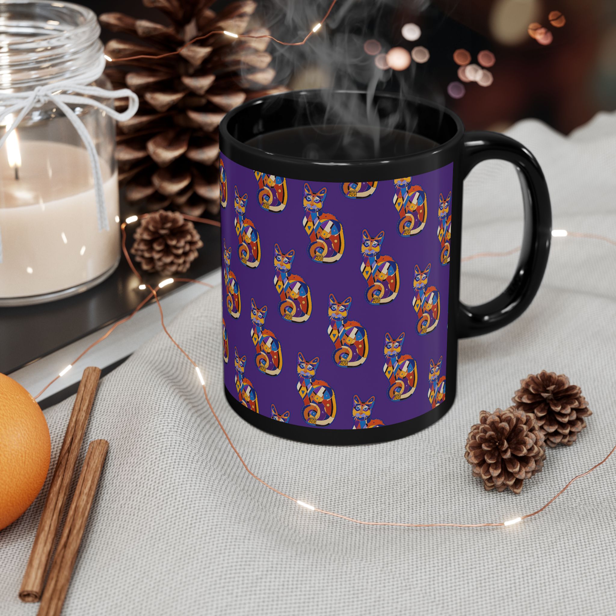 Colorful Cat Pattern Black Mug — Vibrant Purple Folk-Art Kitty Coffee Cup (11oz/15oz)