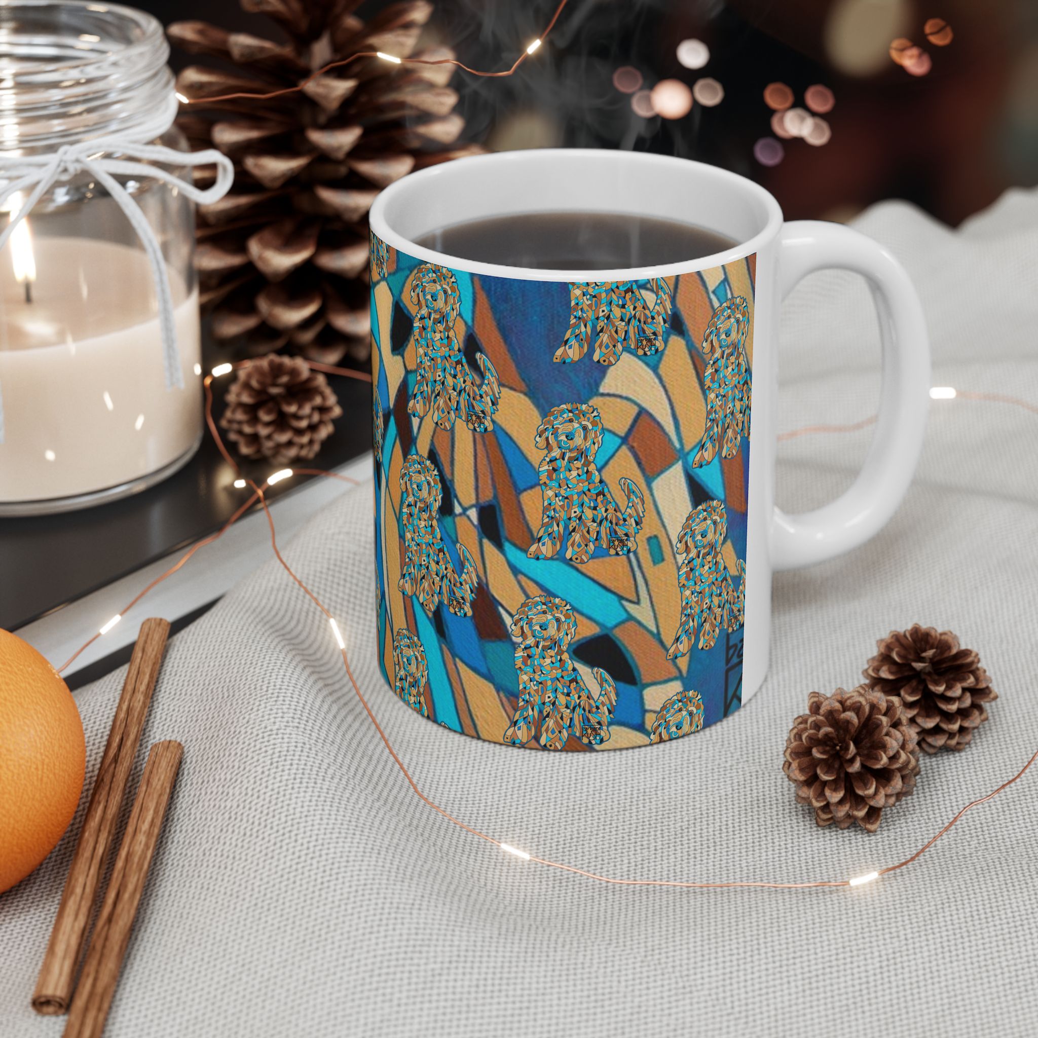 Blue Abstract Golden Doodle Dog Pattern Ceramic Mug — Colorful Dog Lovers Coffee Cup (11oz/15oz)