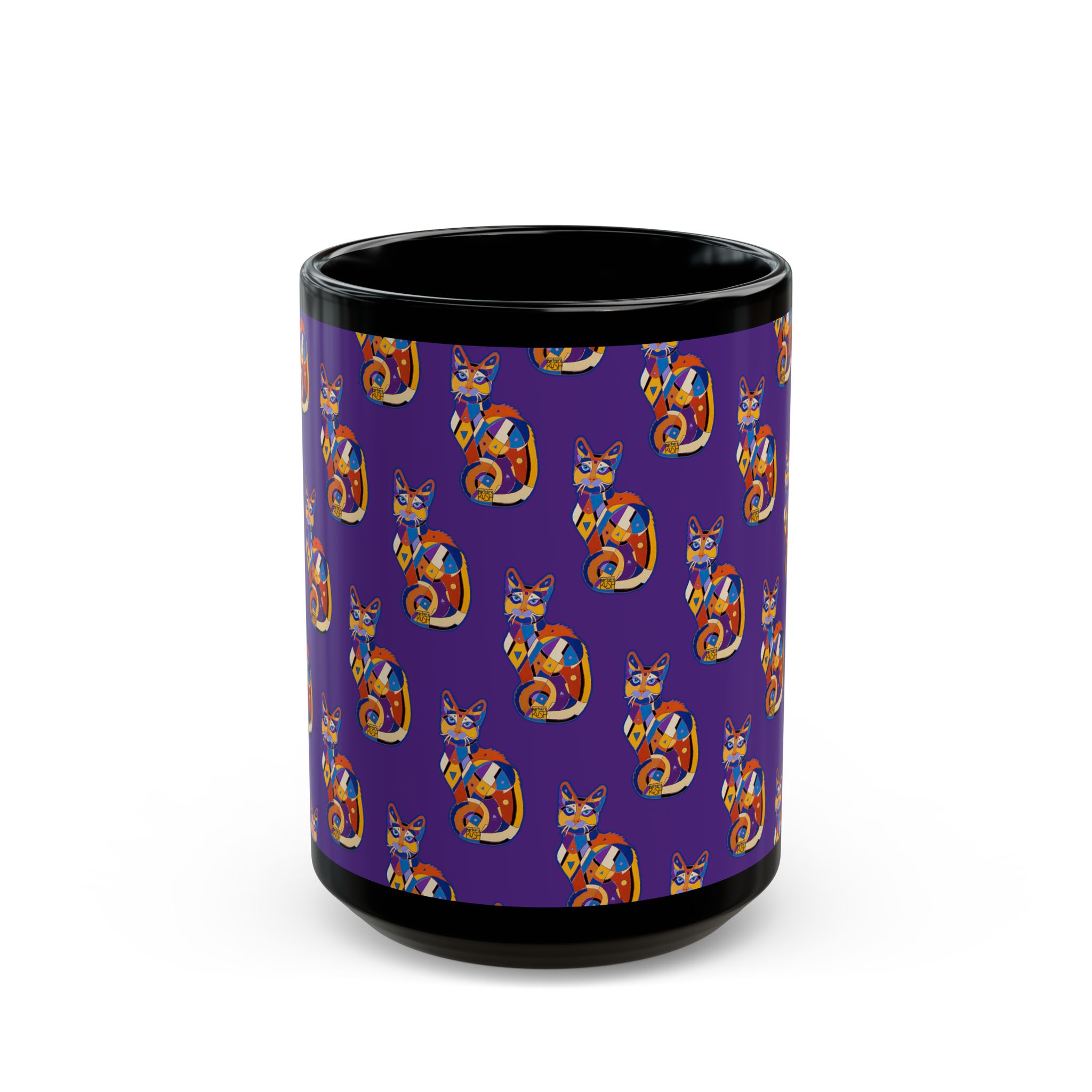 Colorful Cat Pattern Black Mug — Vibrant Purple Folk-Art Kitty Coffee Cup (11oz/15oz) - Image 7