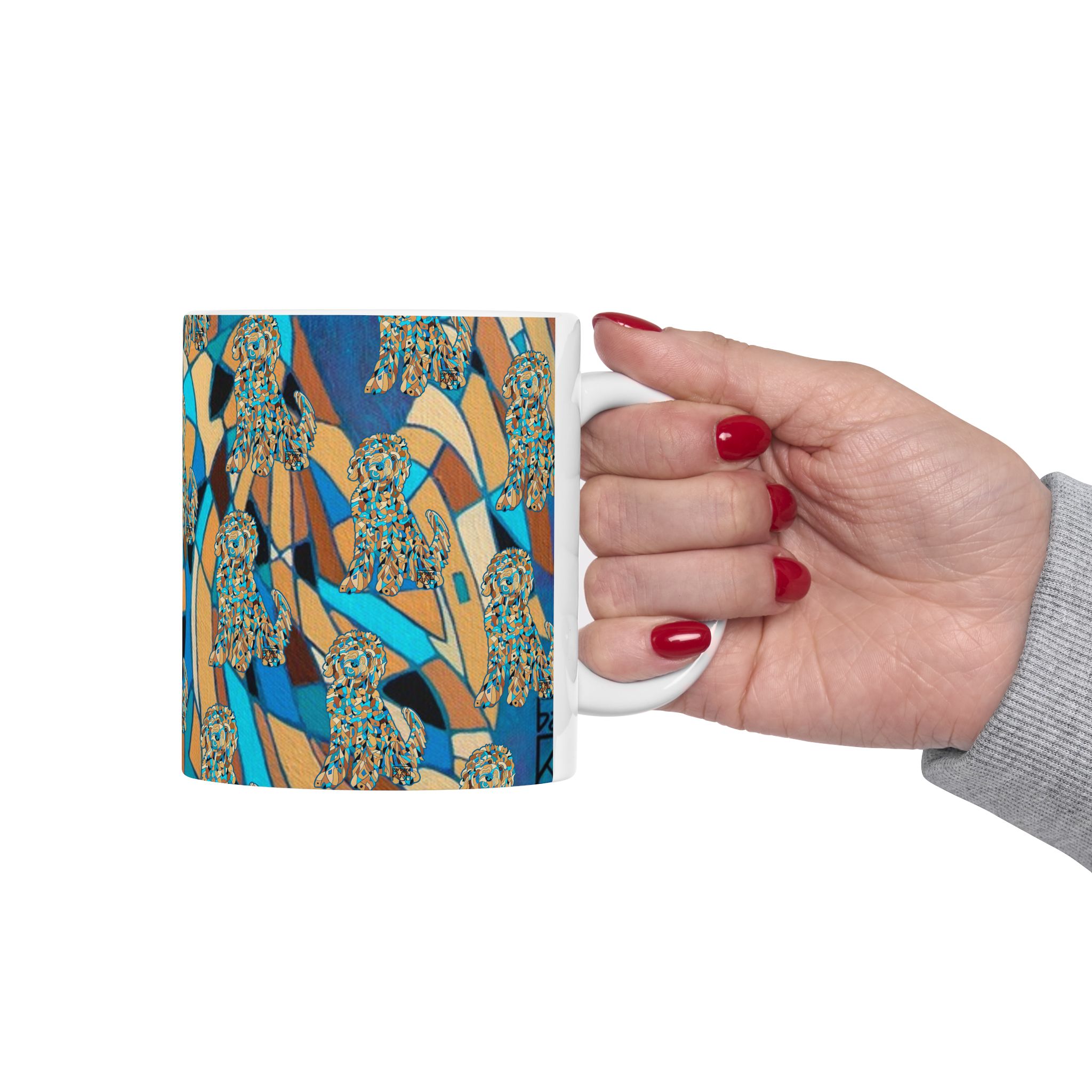 Blue Abstract Golden Doodle Dog Pattern Ceramic Mug — Colorful Dog Lovers Coffee Cup (11oz/15oz) - Image 8