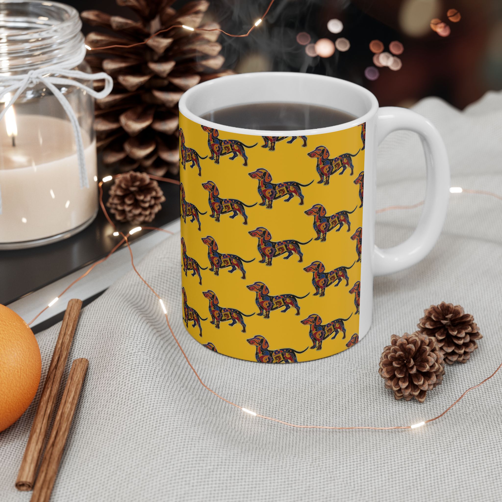 Dachshund Pattern Ceramic Mug — Colorful Wiener Dog Lover Mug (11oz & 15oz)