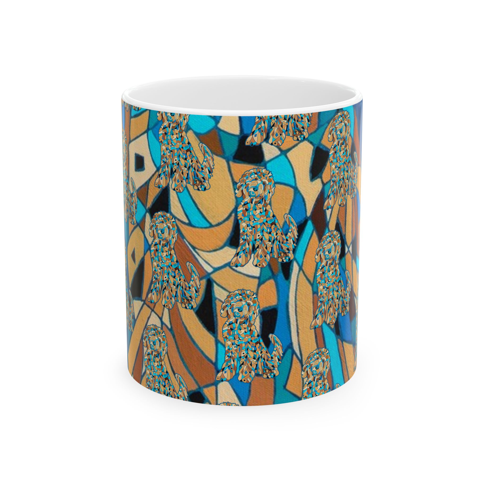 Blue Abstract Golden Doodle Dog Pattern Ceramic Mug — Colorful Dog Lovers Coffee Cup (11oz/15oz) - Image 2