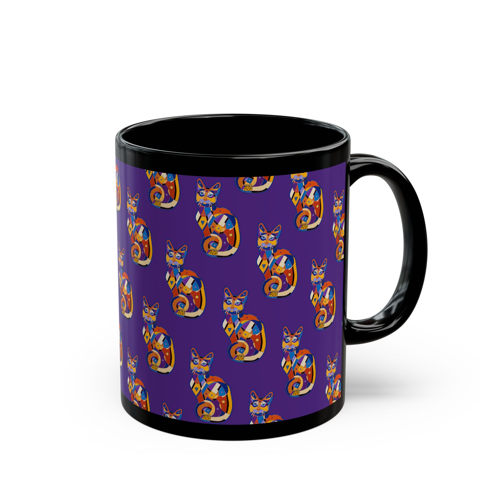 Colorful Cat Pattern Black Mug — Vibrant Purple Folk-Art Kitty Coffee Cup (11oz/15oz) - Image 6