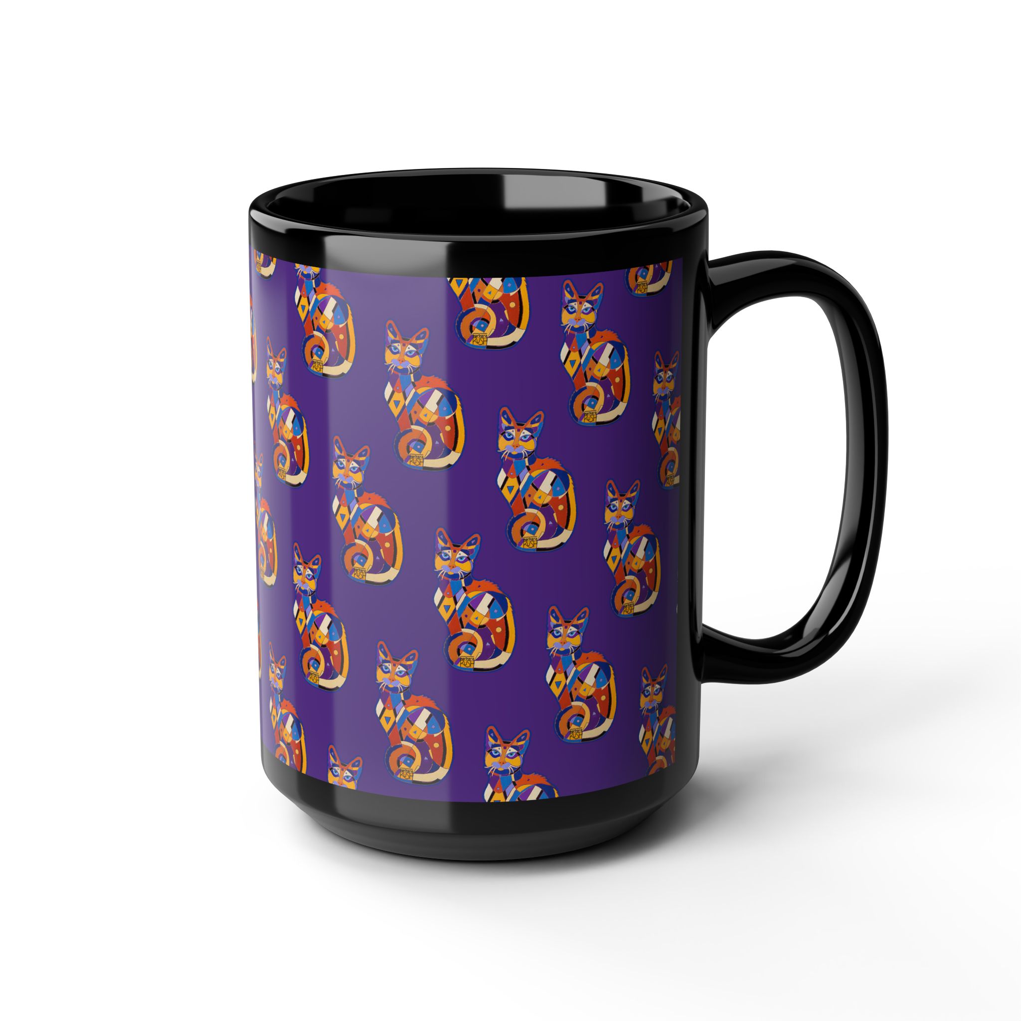 Colorful Cat Pattern Black Mug — Vibrant Purple Folk-Art Kitty Coffee Cup (11oz/15oz) - Image 11