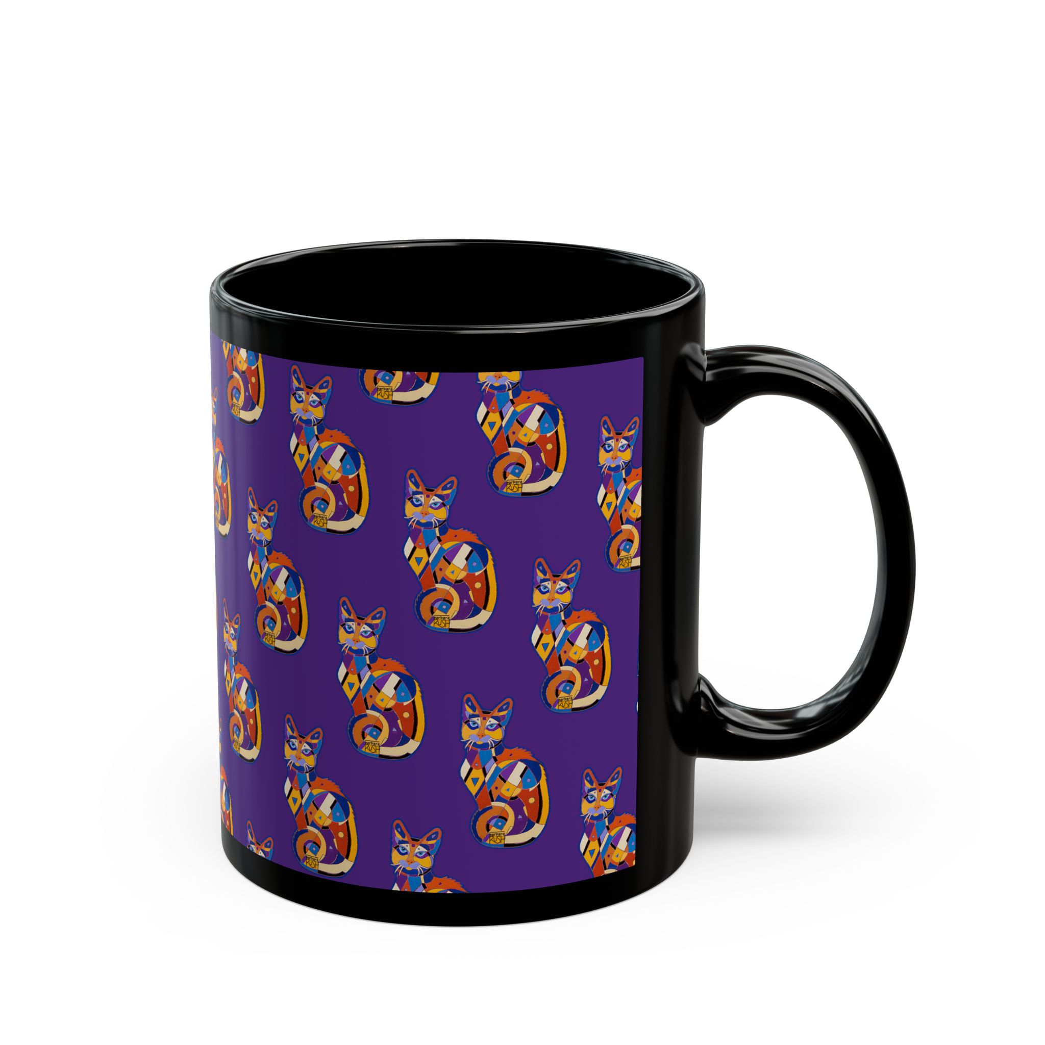Colorful Cat Pattern Black Mug — Vibrant Purple Folk-Art Kitty Coffee Cup (11oz/15oz) - Image 3