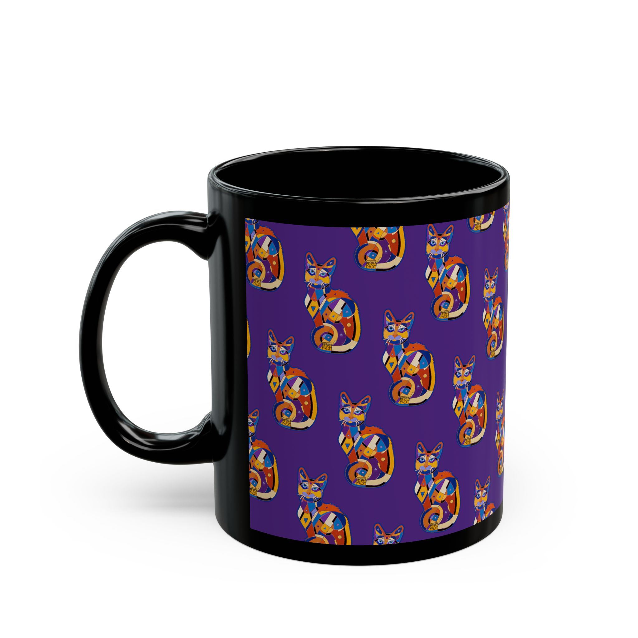 Colorful Cat Pattern Black Mug — Vibrant Purple Folk-Art Kitty Coffee Cup (11oz/15oz) - Image 4