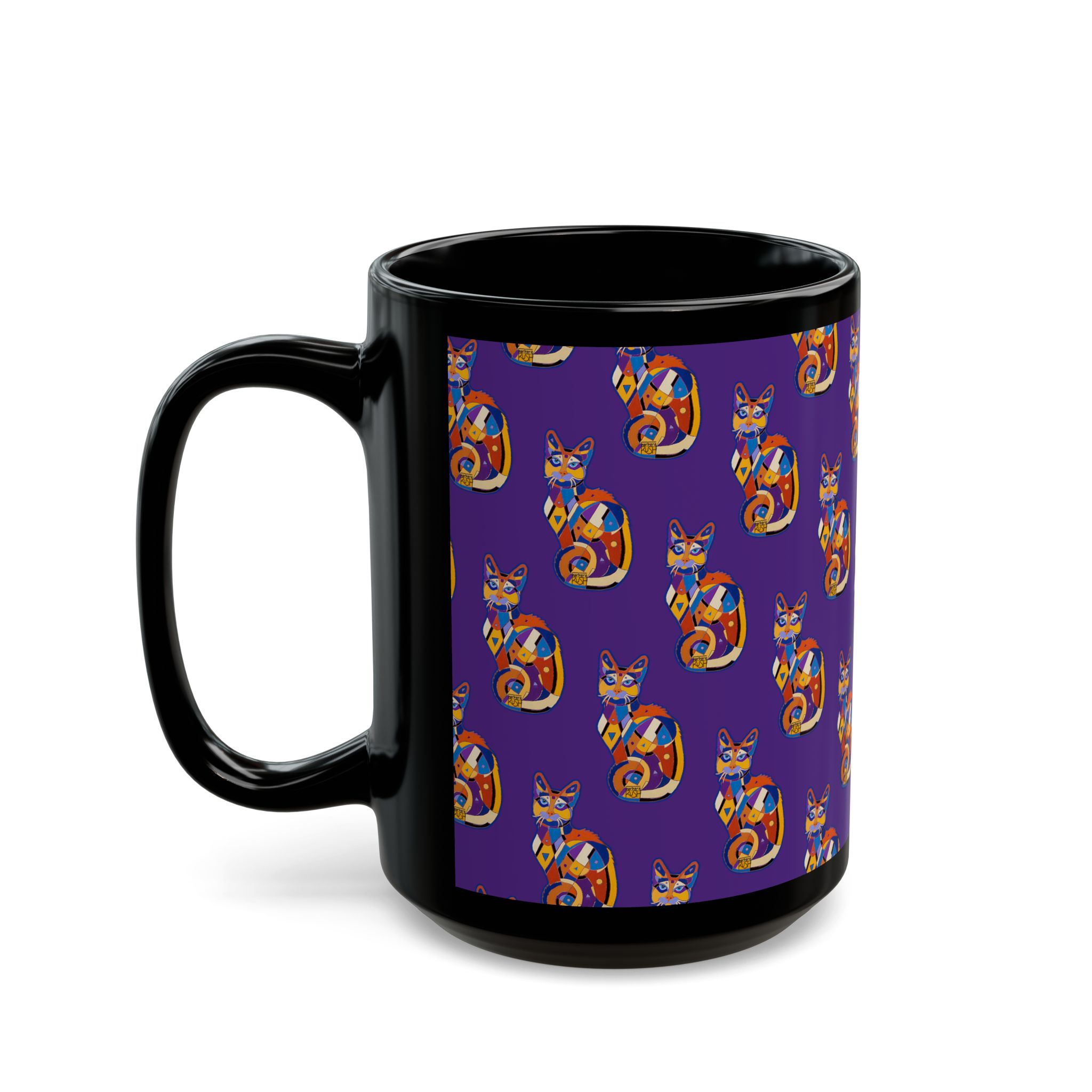Colorful Cat Pattern Black Mug — Vibrant Purple Folk-Art Kitty Coffee Cup (11oz/15oz) - Image 9