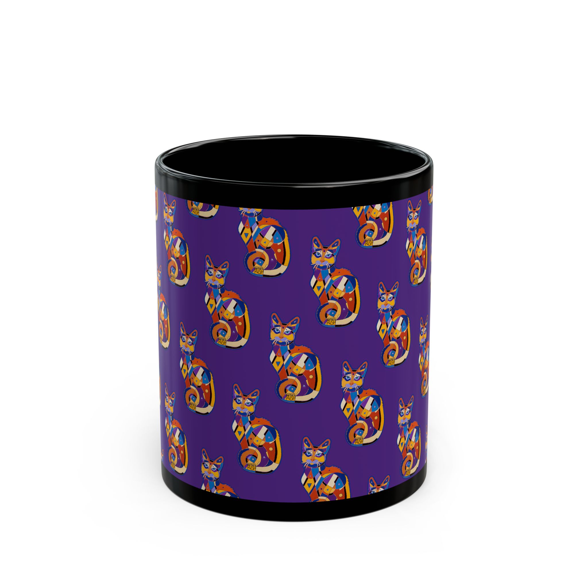 Colorful Cat Pattern Black Mug — Vibrant Purple Folk-Art Kitty Coffee Cup (11oz/15oz) - Image 2