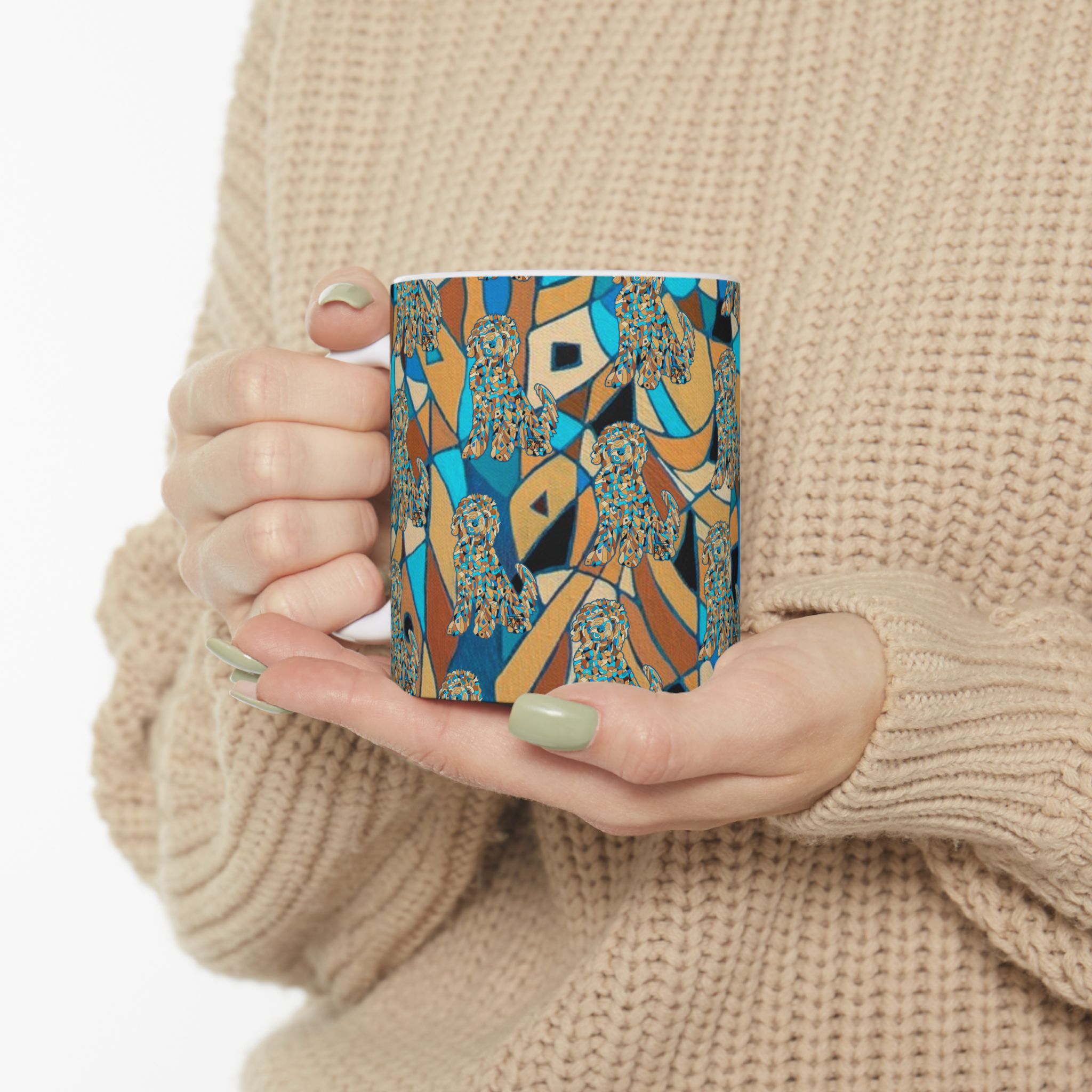 Blue Abstract Golden Doodle Dog Pattern Ceramic Mug — Colorful Dog Lovers Coffee Cup (11oz/15oz) - Image 6