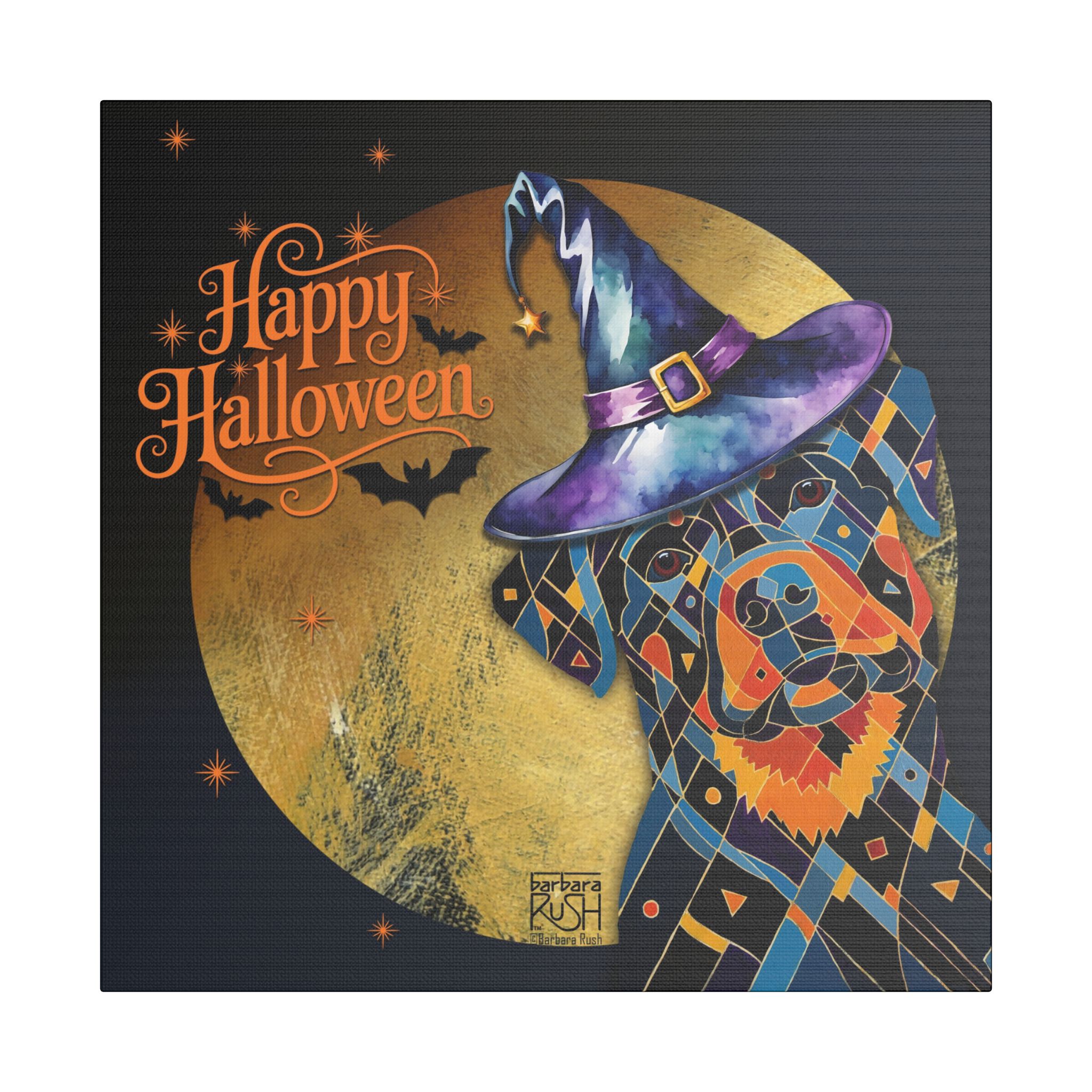 Happy Halloween Rottweiler in a Witch Hat Dog Satin Canvas Wall Art — Halloween Decor