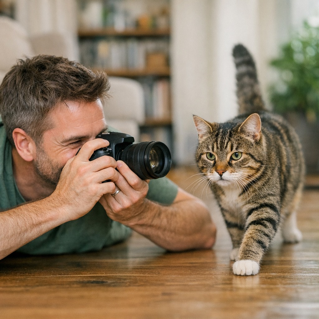 Man photographing cat Man lying on their stomach to photograph a cat