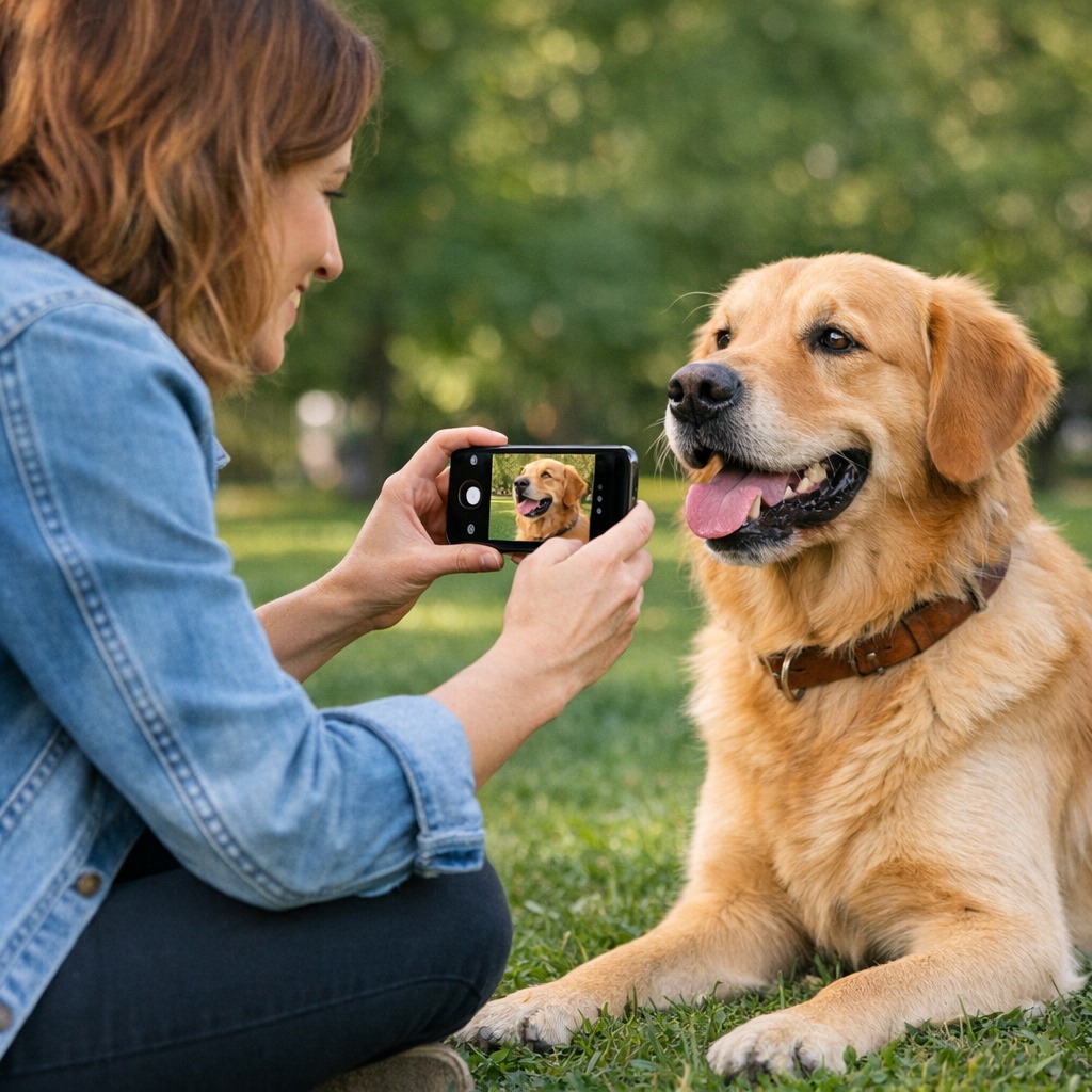 How to Photograph Your Pet illustration of a pet owner kneeling in a sunny garden to take a photo of a happy dog with a smartphone.