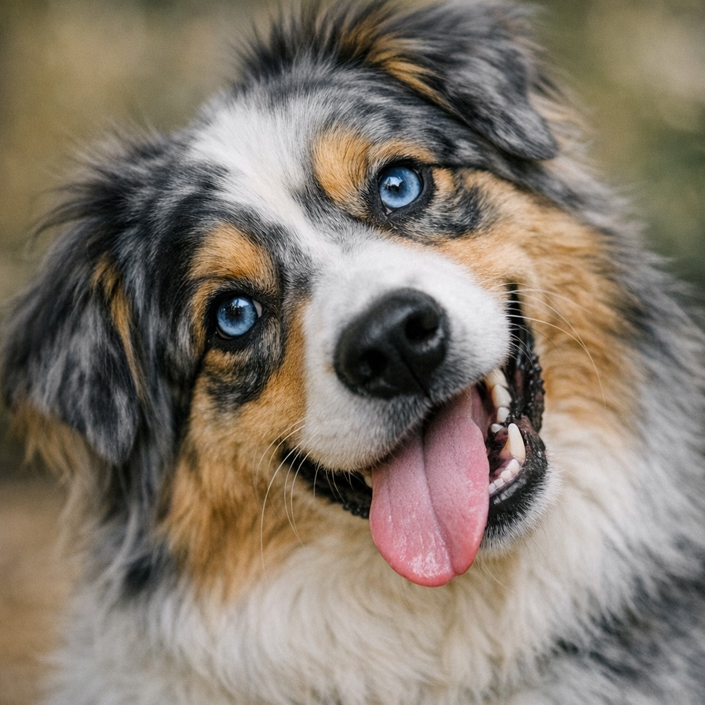 Australian Shepherd Dog Face Photo of an aussie shepherd expressing personality.